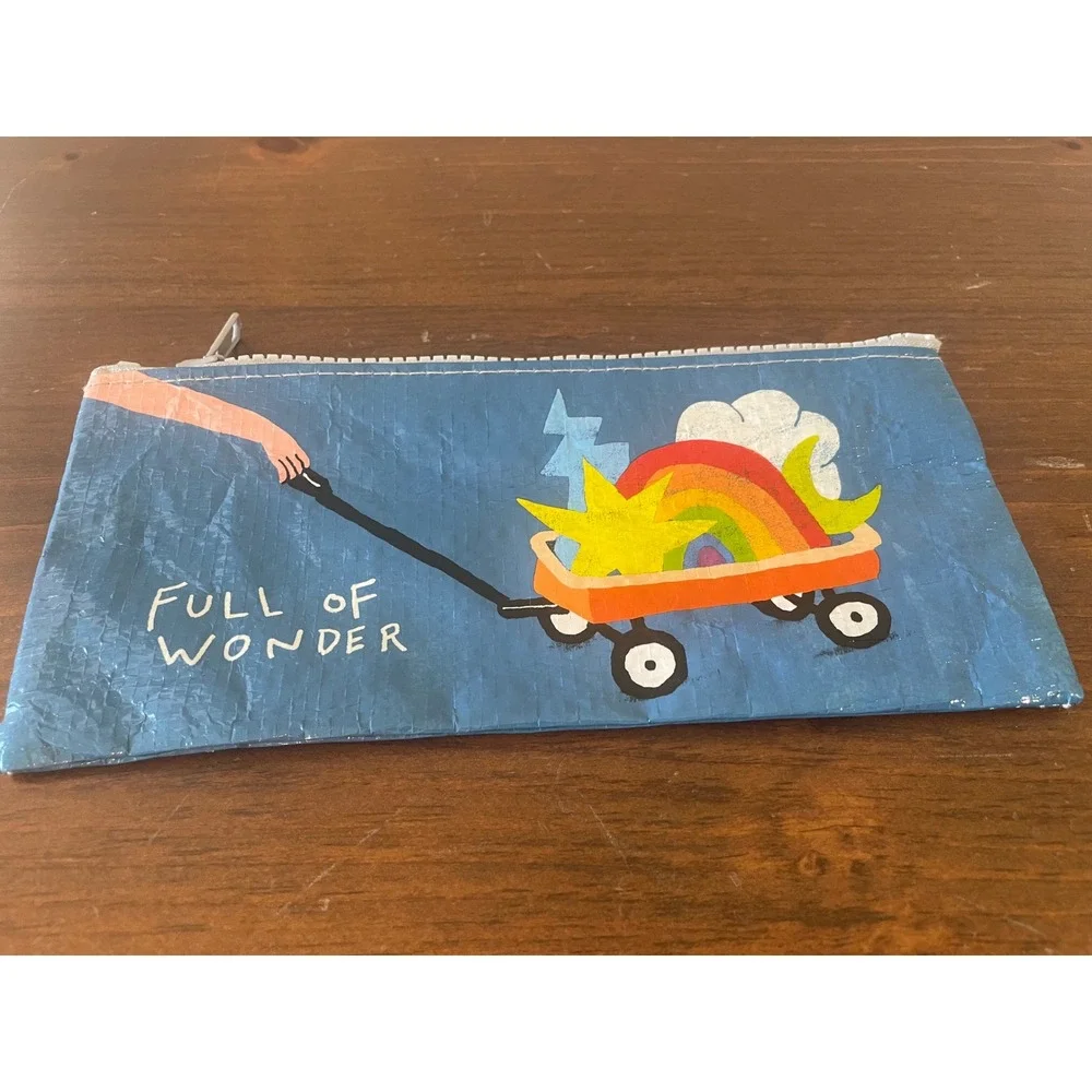Blue Q Full of Wonder Recycled Pencil Pouch Zipper Bag Rainbow Wagon Blue
